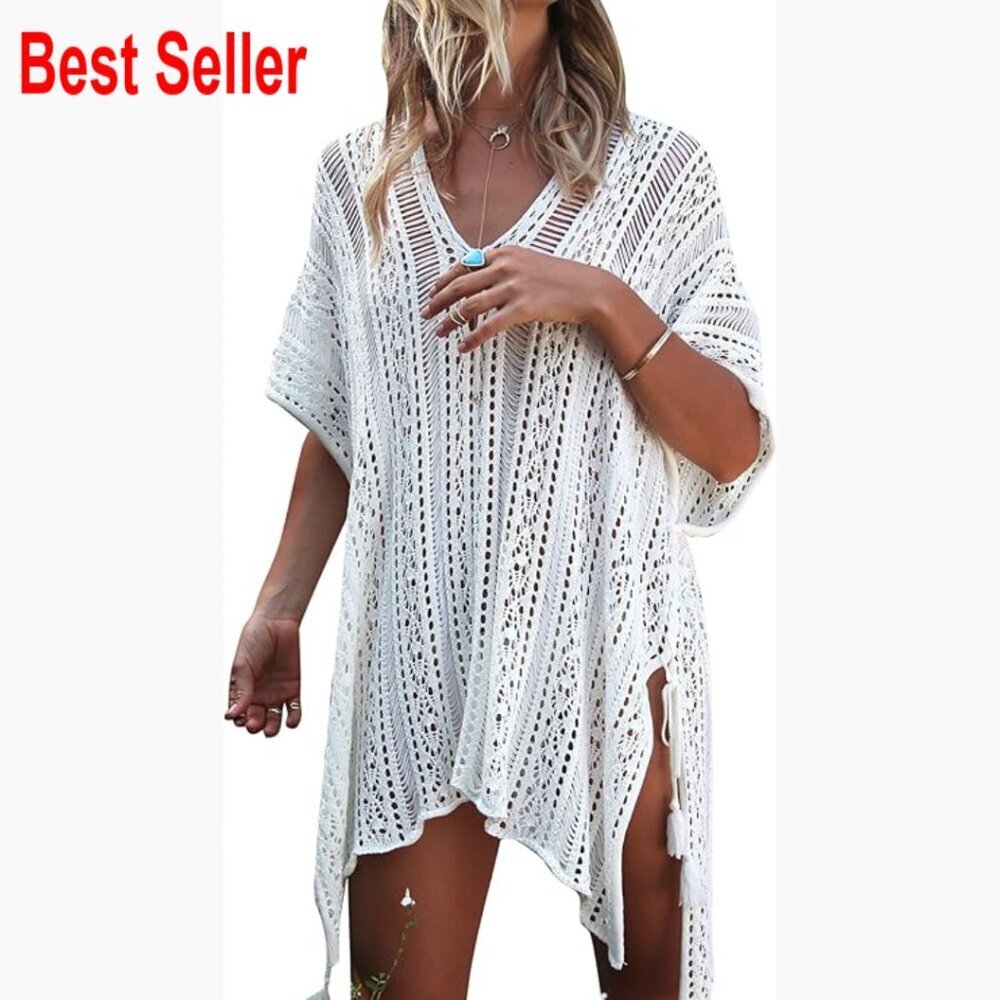 Polyester Crochet Bathing Suit Cover Up Loose Fit V-Neck